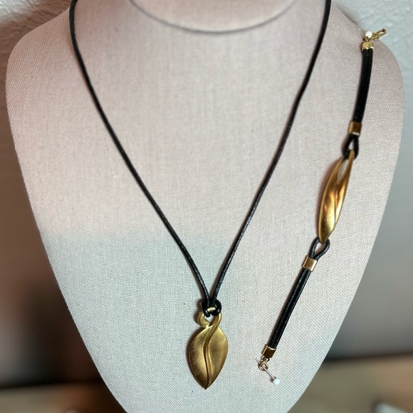 Monet Black Leather with Gold-tone Leaf Pendant Necklace, Bracelet & Earring Set - Picture 4 of 4